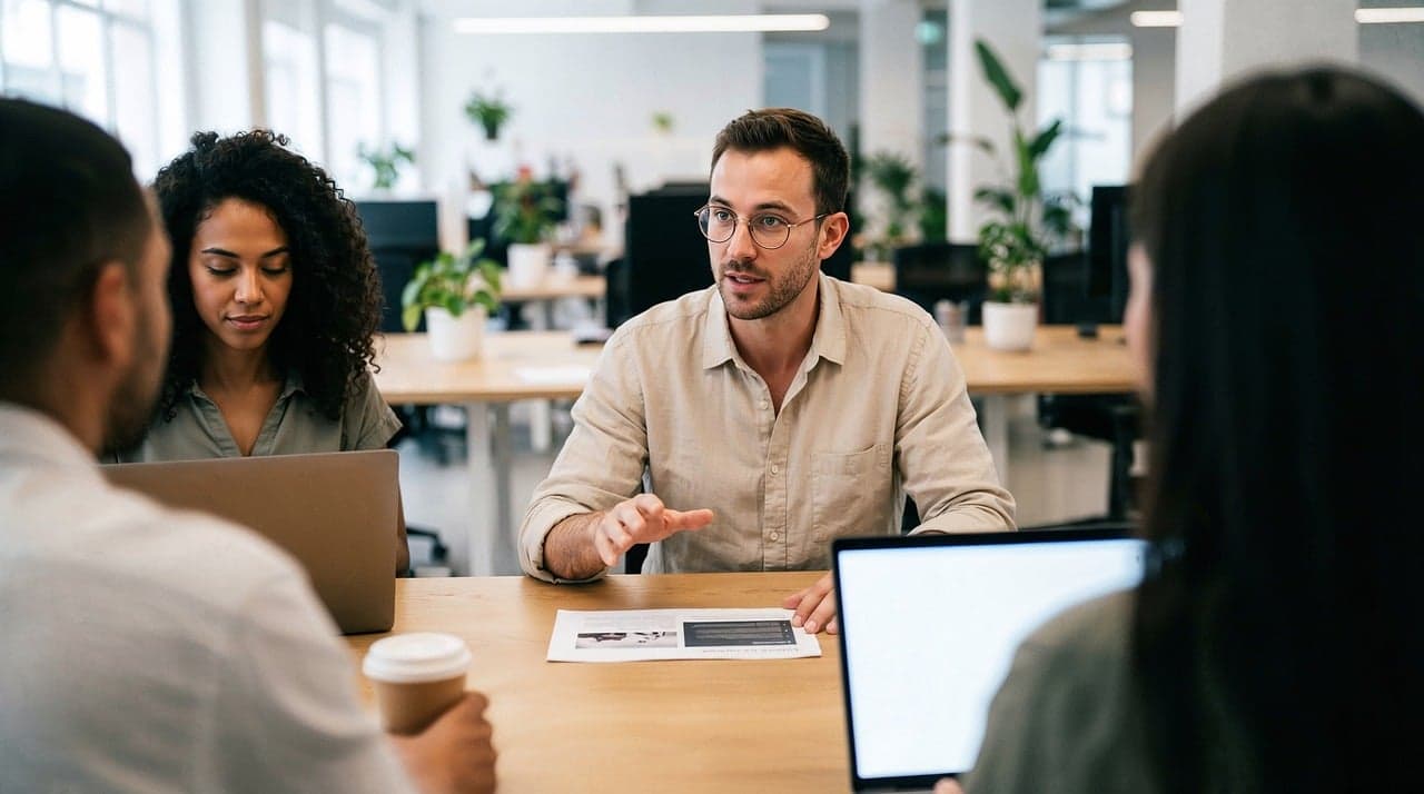 Colleagues in a meeting around a table, with one man explaining a point over a printed document